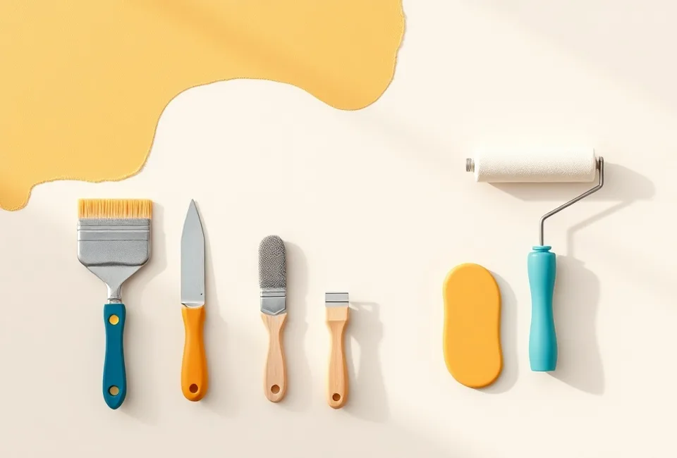 Outils de peinture disposés dans l'ordre des étapes du chantier