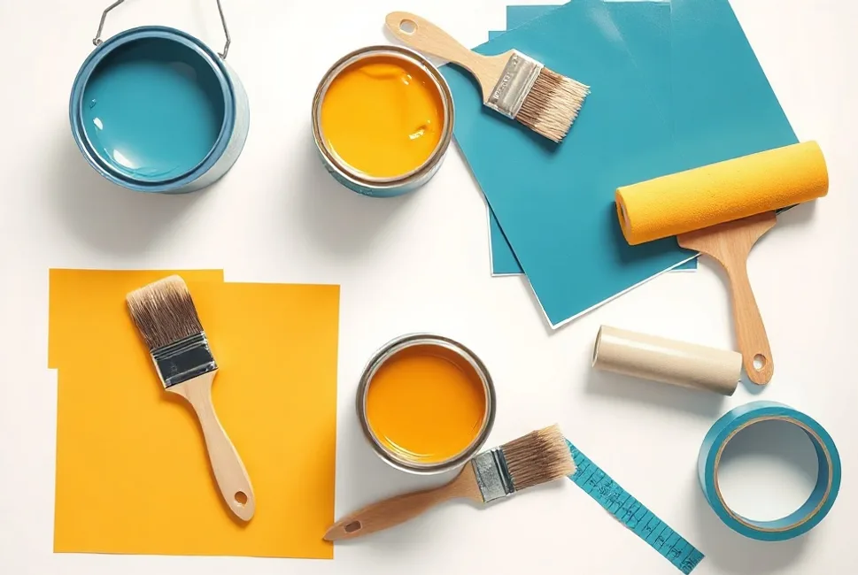 Pots de peinture, nuancier, brosses et rouleaux disposés à plat
