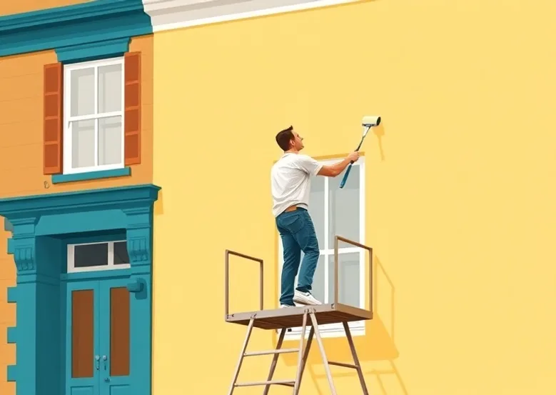 Peintre sur échafaudage traitant la façade d'une maison