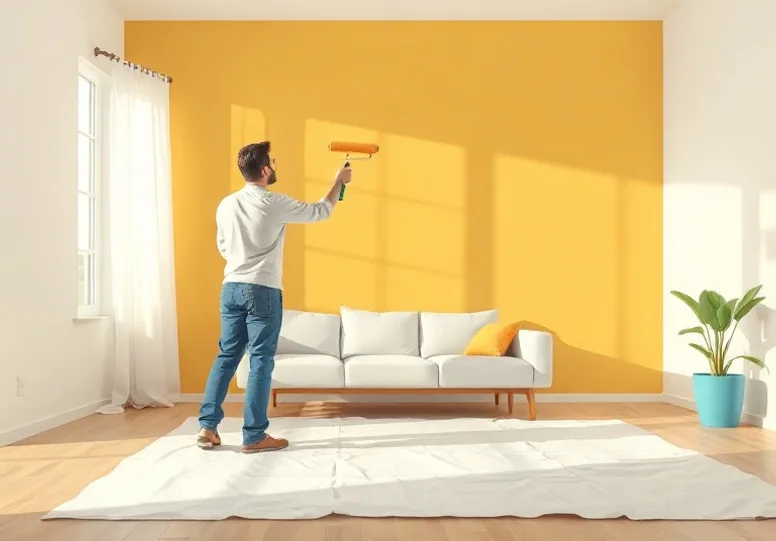 Peintre appliquant la peinture au rouleau sur un mur de salon