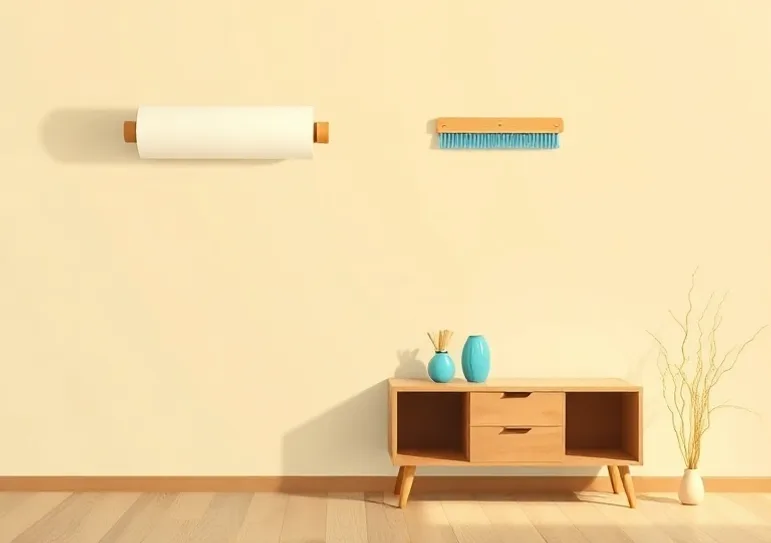 Pose de papier peint, rouleau et brosse à maroufler